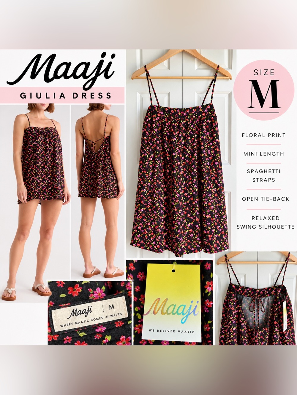 MaaJi Giulia Floral Mini Dress M Black Pink Open Back NWT